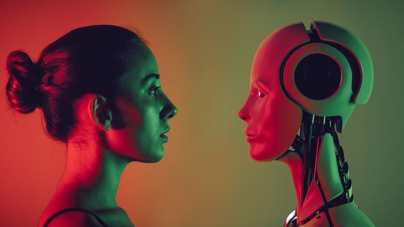 A person face-to-face with an AI persona — practice before the real conversation.