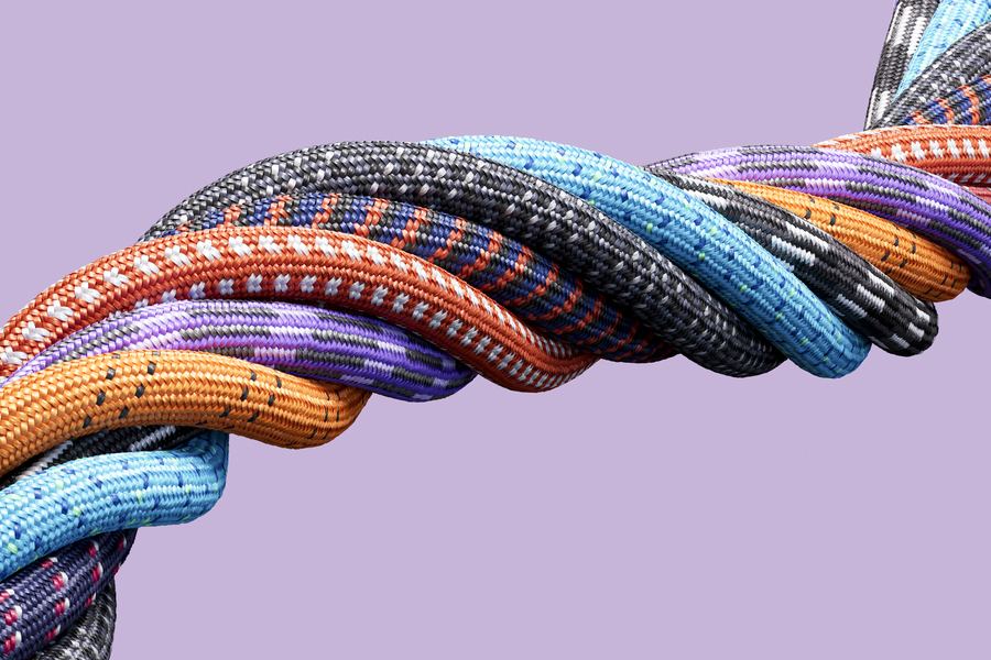 Twisted, multi-coloured ropes braided together — a metaphor for the layers of a team.