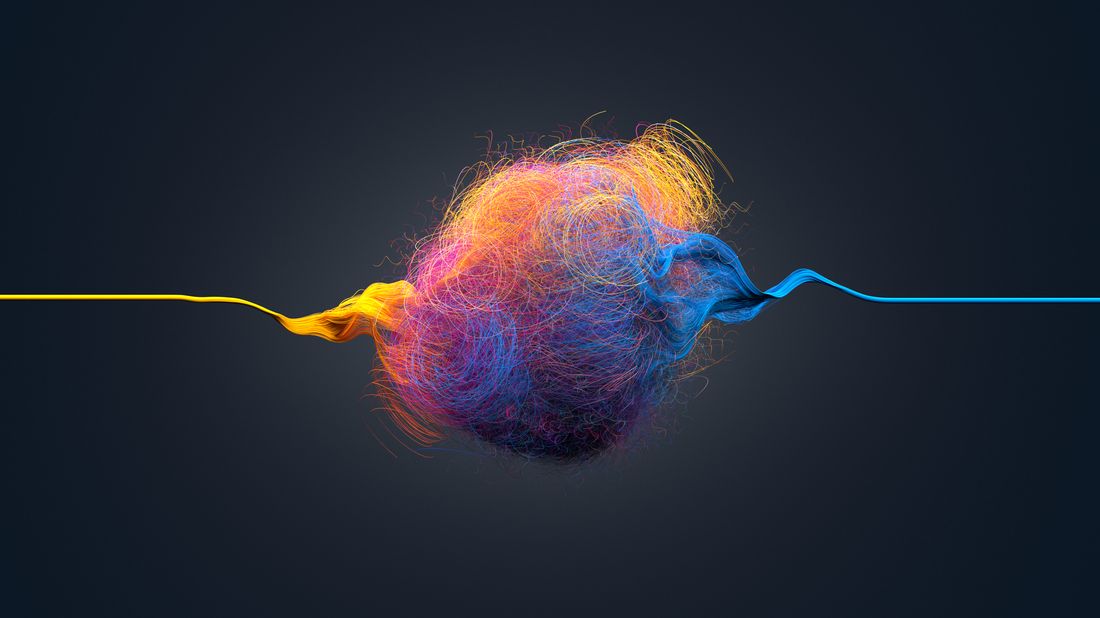 A yellow line enters, becomes a colorful tangle, then exits as a blue line — the loop made visible.