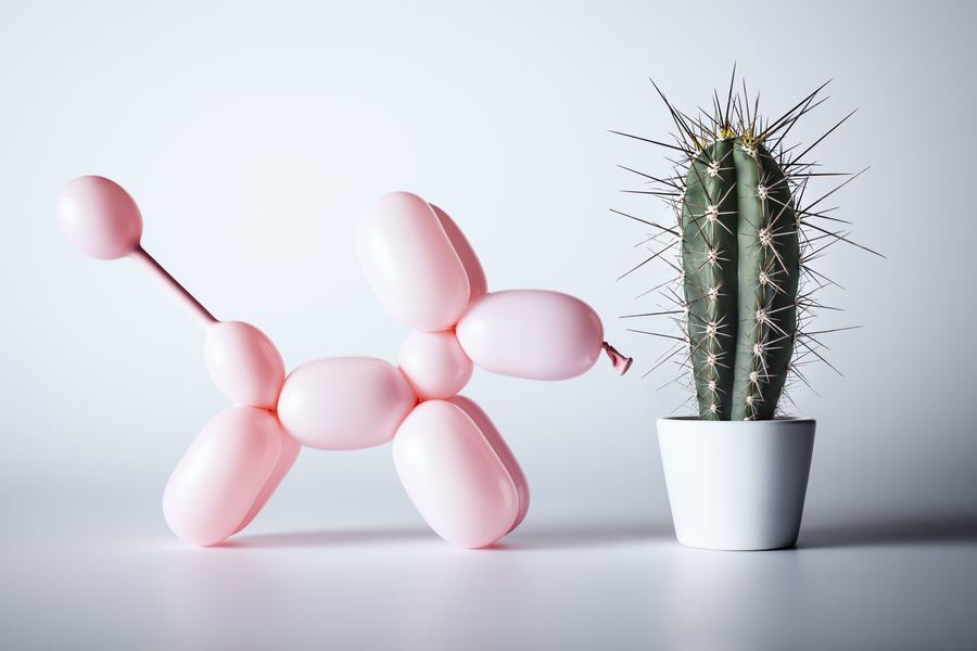 A pink balloon dog and a small cactus — the soft and the prickly sides of a person.